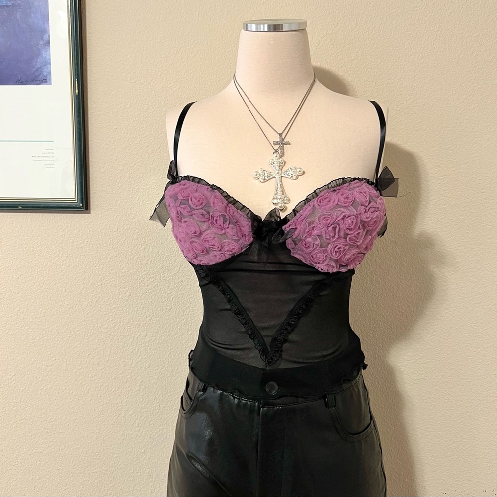 Vintage Sheer Micromesh Rosette Bust Tank Top